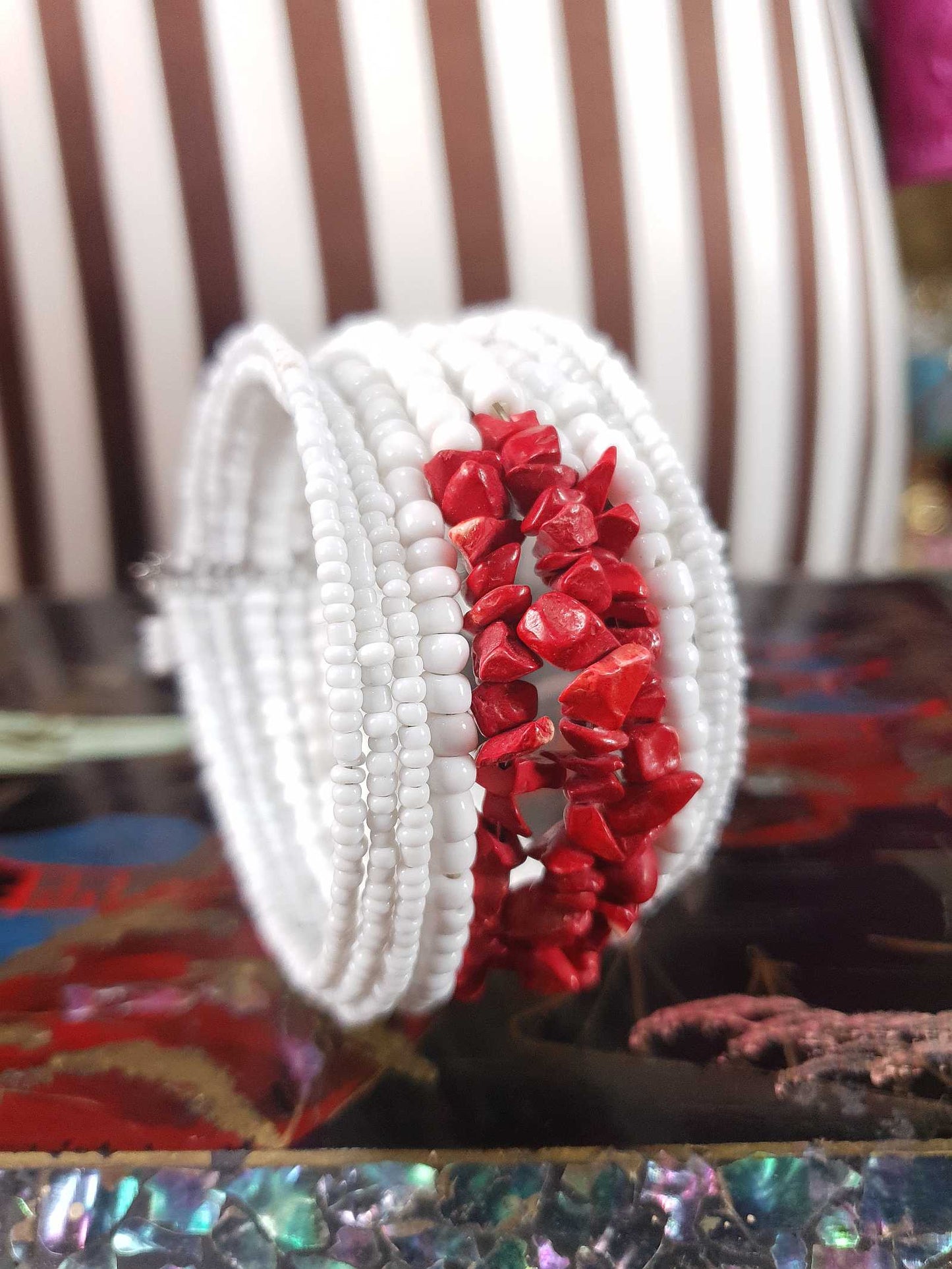 Vintage 1980s White Red Ceramic Cuff Bracelet Bangle Boho Bohemian