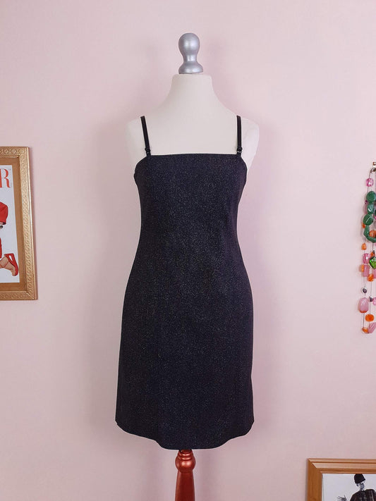 Vintage 1980s Black Glitter Dress Cocktail Party Evening LBD Mini - Size 10 / 12