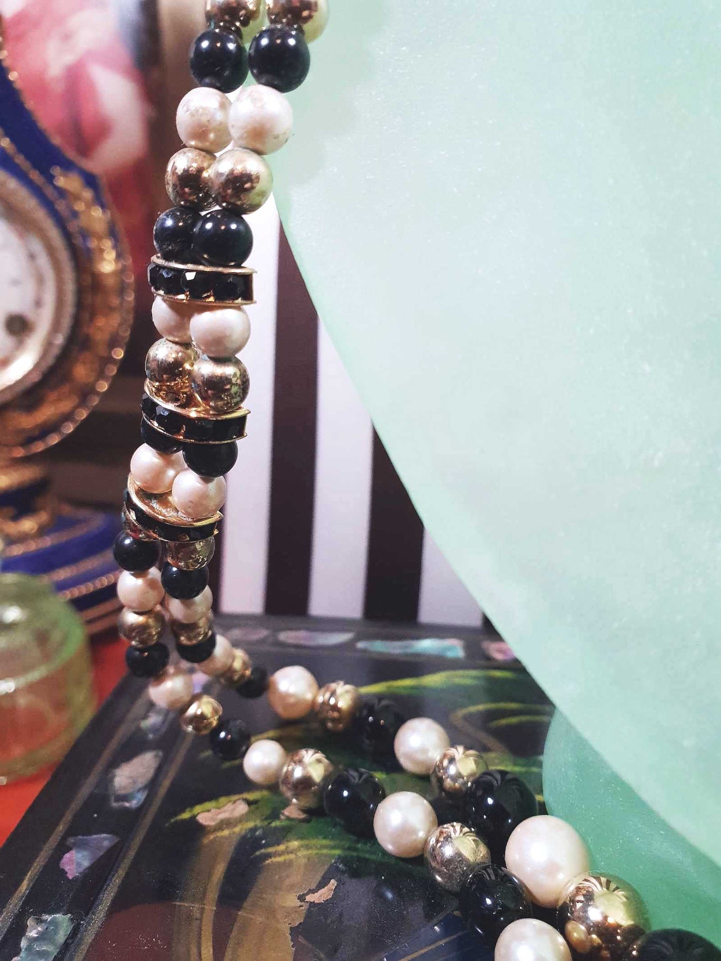 Vintage 1980s Faux Pearl Necklace 26" Black Cream Beaded Diamante Double Strand