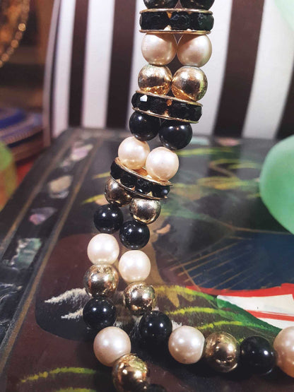 Vintage 1980s Faux Pearl Necklace 26" Black Cream Beaded Diamante Double Strand