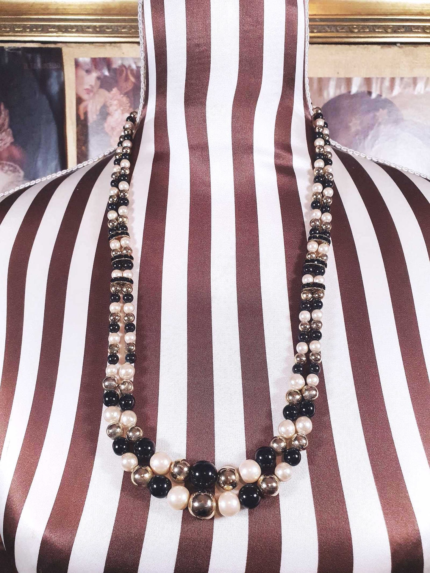 Vintage 1980s Faux Pearl Necklace 26" Black Cream Beaded Diamante Double Strand