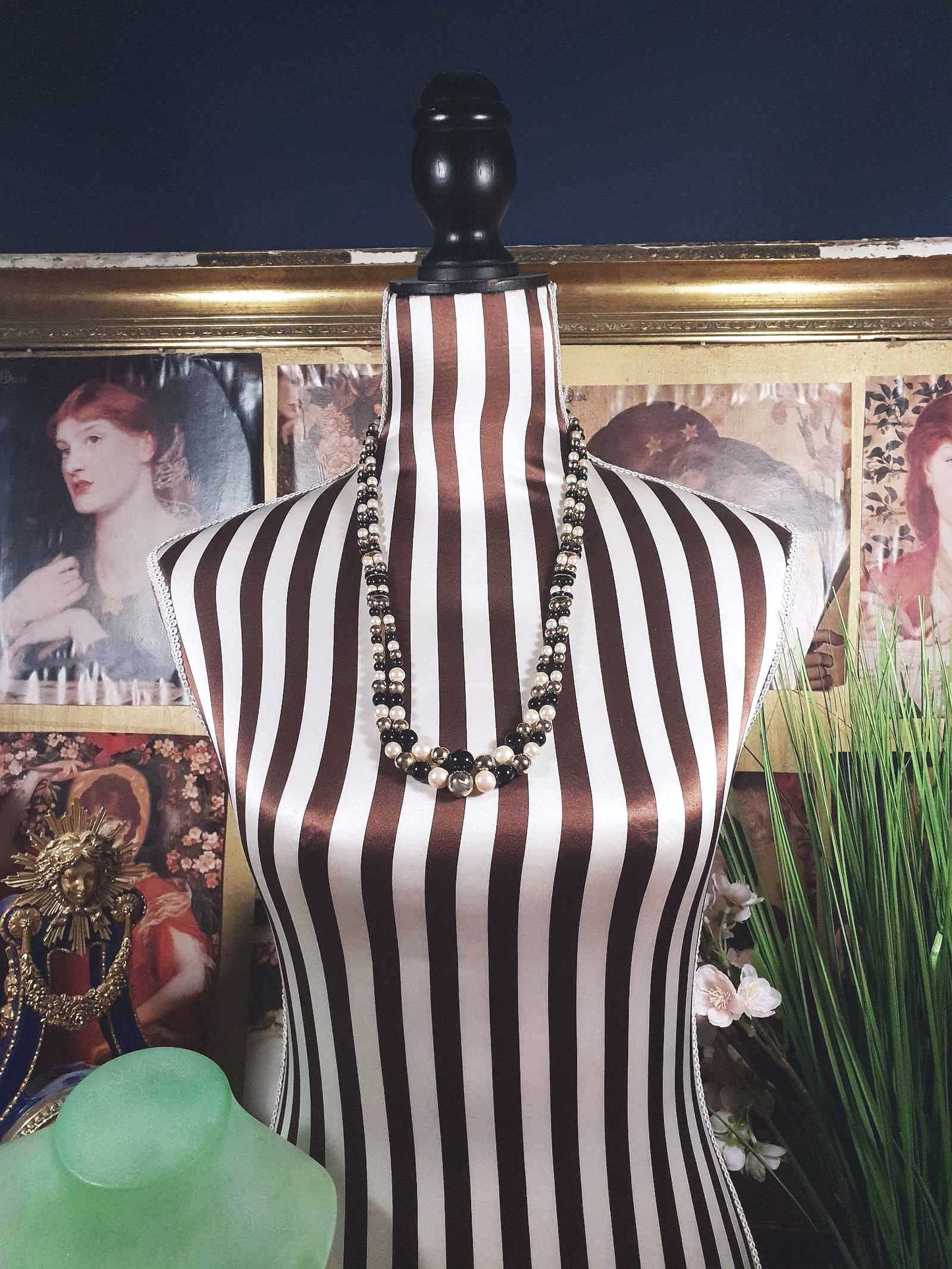 Vintage 1980s Faux Pearl Necklace 26" Black Cream Beaded Diamante Double Strand