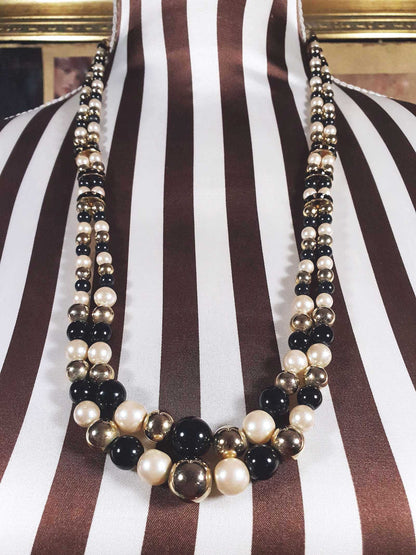 Vintage 1980s Faux Pearl Necklace 26" Black Cream Beaded Diamante Double Strand