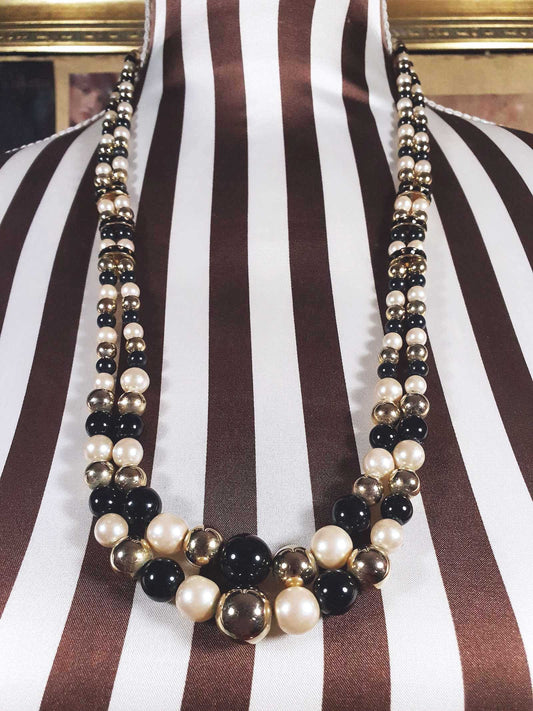 Vintage 1980s Faux Pearl Necklace 26" Black Cream Beaded Diamante Double Strand