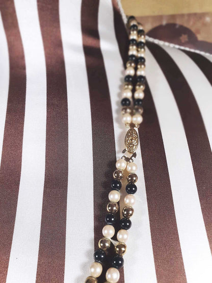 Vintage 1980s Faux Pearl Necklace 26" Black Cream Beaded Diamante Double Strand