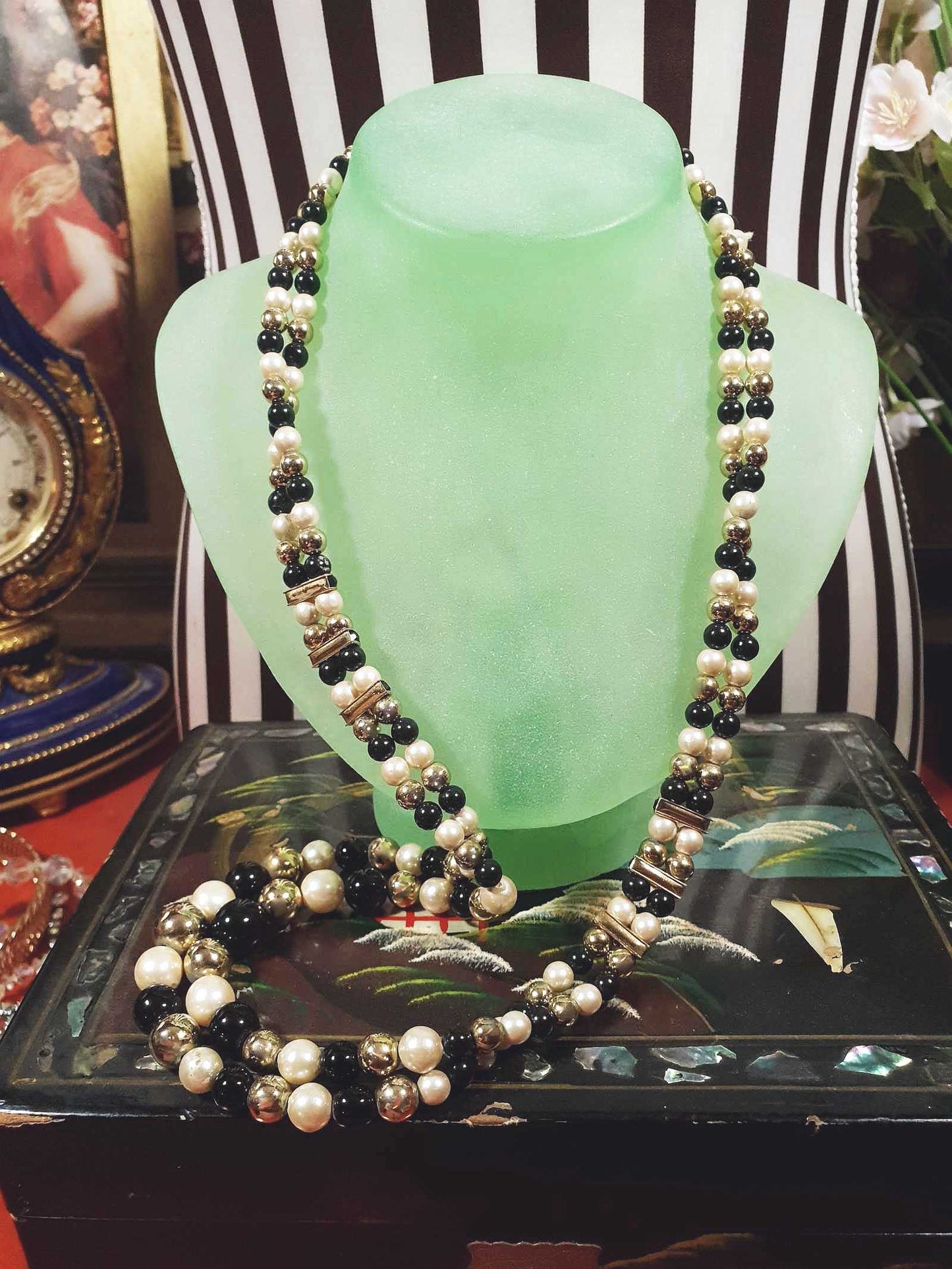 Vintage 1980s Faux Pearl Necklace 26" Black Cream Beaded Diamante Double Strand