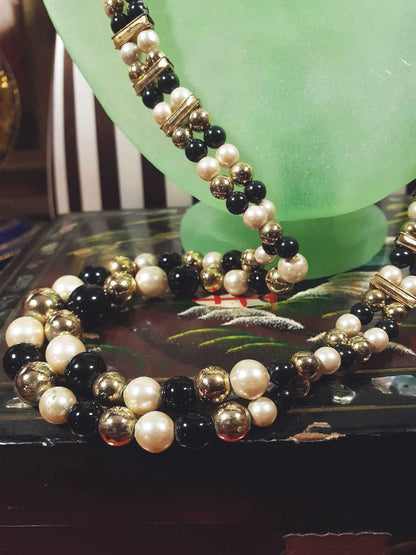 Vintage 1980s Faux Pearl Necklace 26" Black Cream Beaded Diamante Double Strand