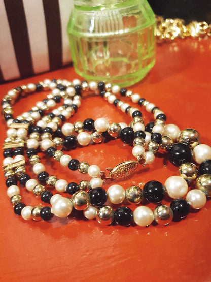 Vintage 1980s Faux Pearl Necklace 26" Black Cream Beaded Diamante Double Strand