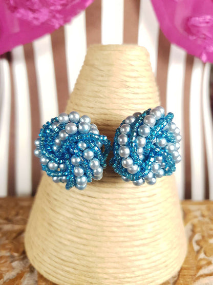 Vintage 1980s Blue Seed Bead Earrings Faux Pearls Swirl Knot