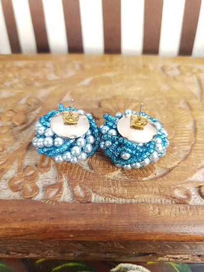 Vintage 1980s Blue Seed Bead Earrings Faux Pearls Swirl Knot