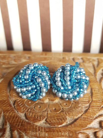 Vintage 1980s Blue Seed Bead Earrings Faux Pearls Swirl Knot
