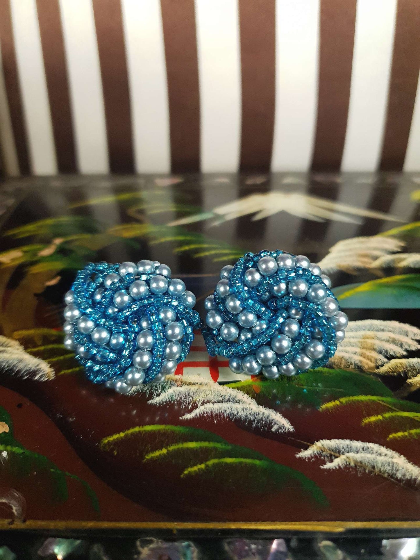 Vintage 1980s Blue Seed Bead Earrings Faux Pearls Swirl Knot
