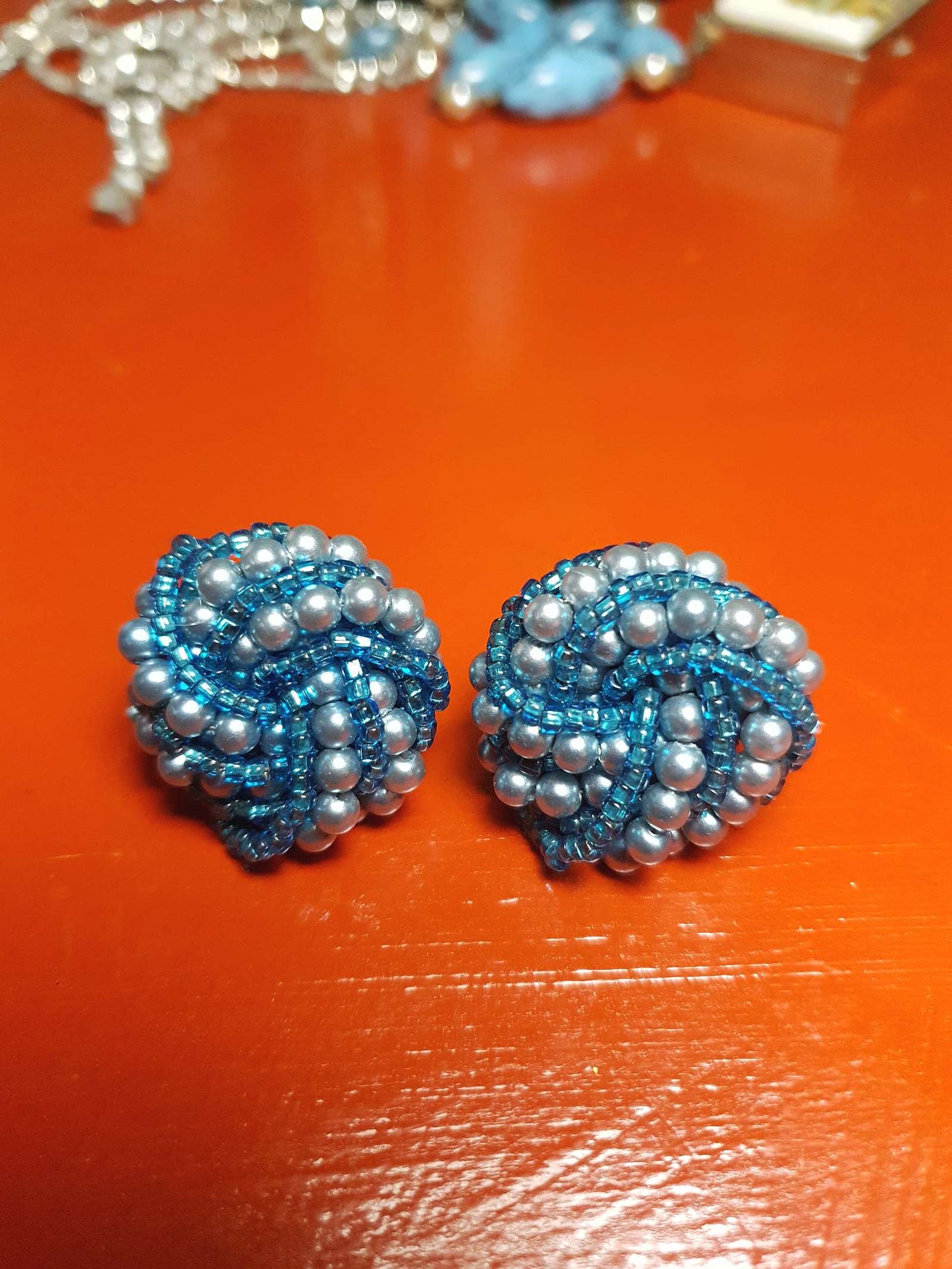 Vintage 1980s Blue Seed Bead Earrings Faux Pearls Swirl Knot