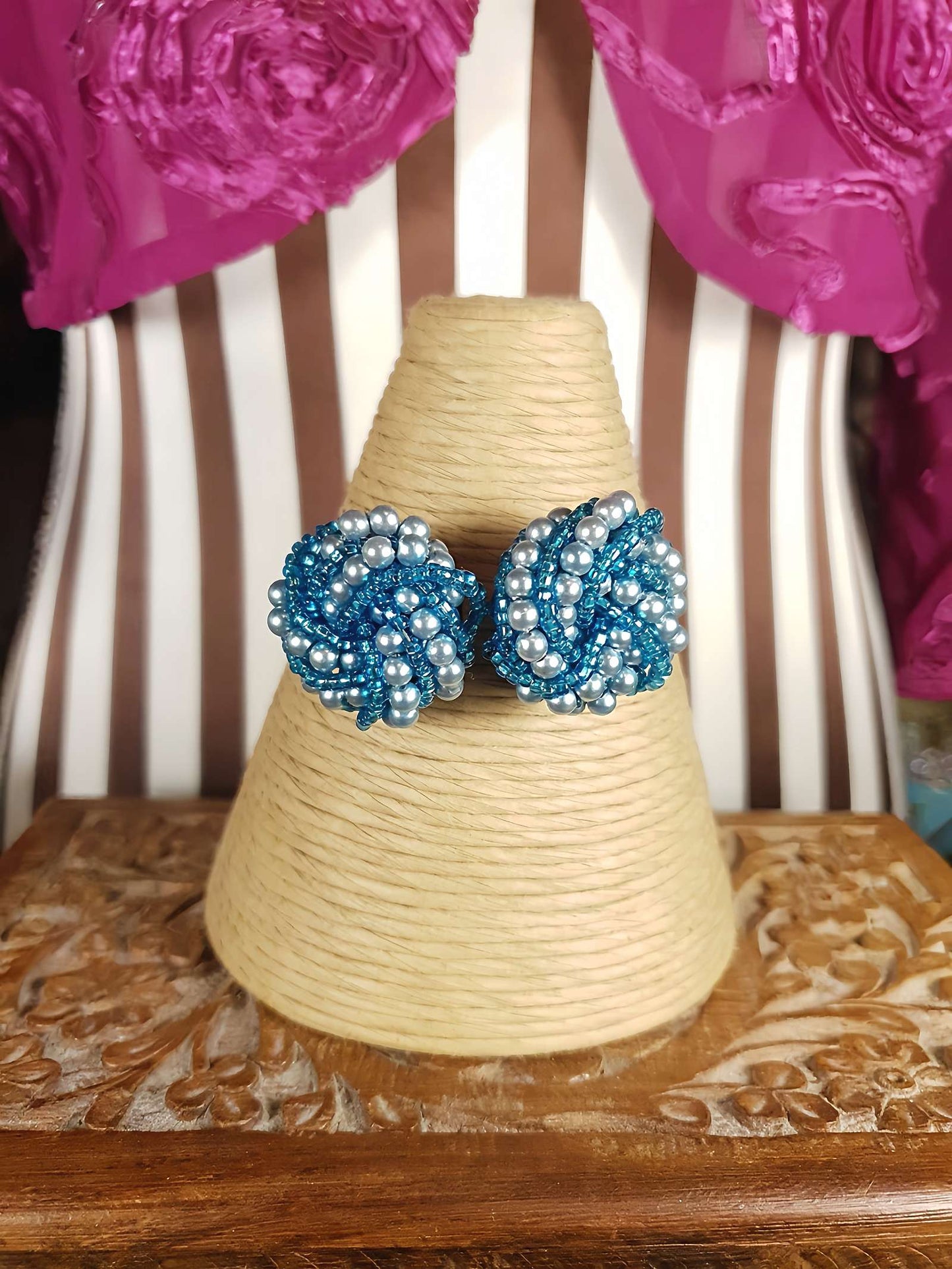 Vintage 1980s Blue Seed Bead Earrings Faux Pearls Swirl Knot