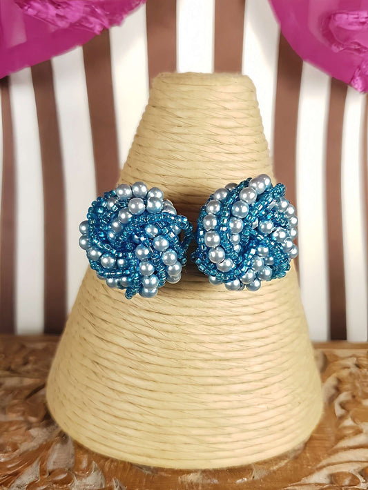 Vintage 1980s Blue Seed Bead Earrings Faux Pearls Swirl Knot