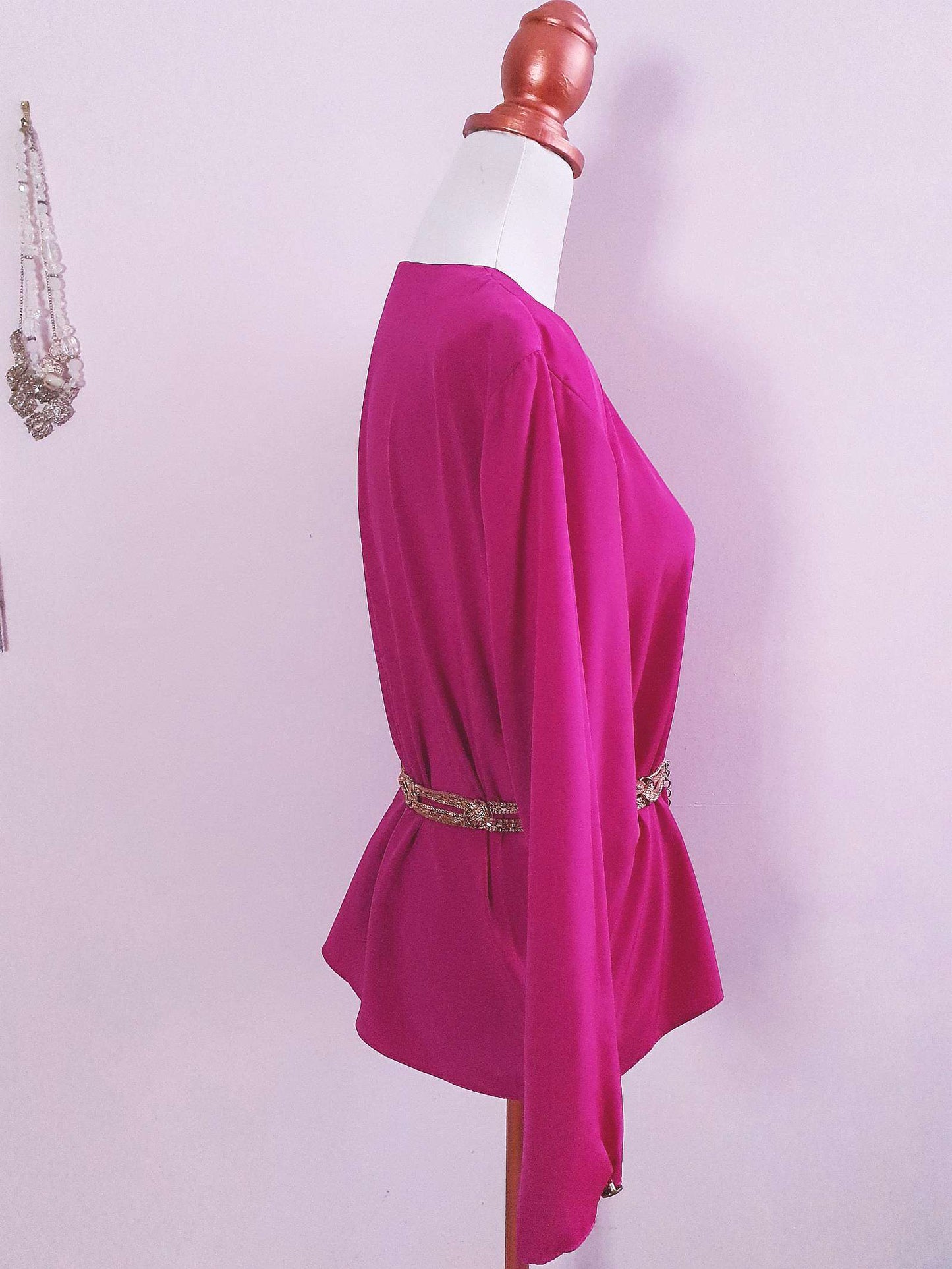 Vintage 1980s Cerise Pink Blouse Shirt Flower Applique Ladies Top Size 16