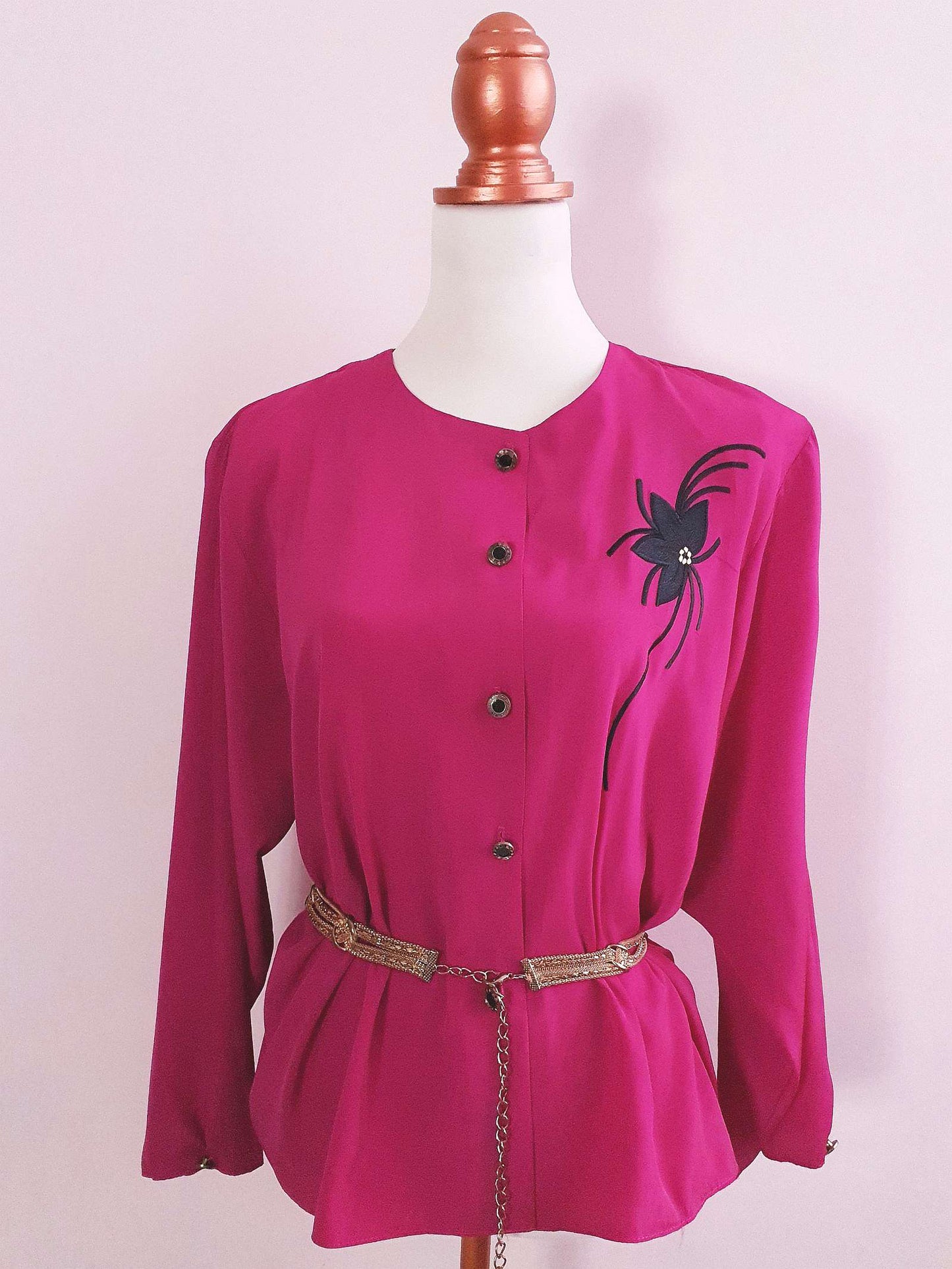 Vintage 1980s Cerise Pink Blouse Shirt Flower Applique Ladies Top Size 16
