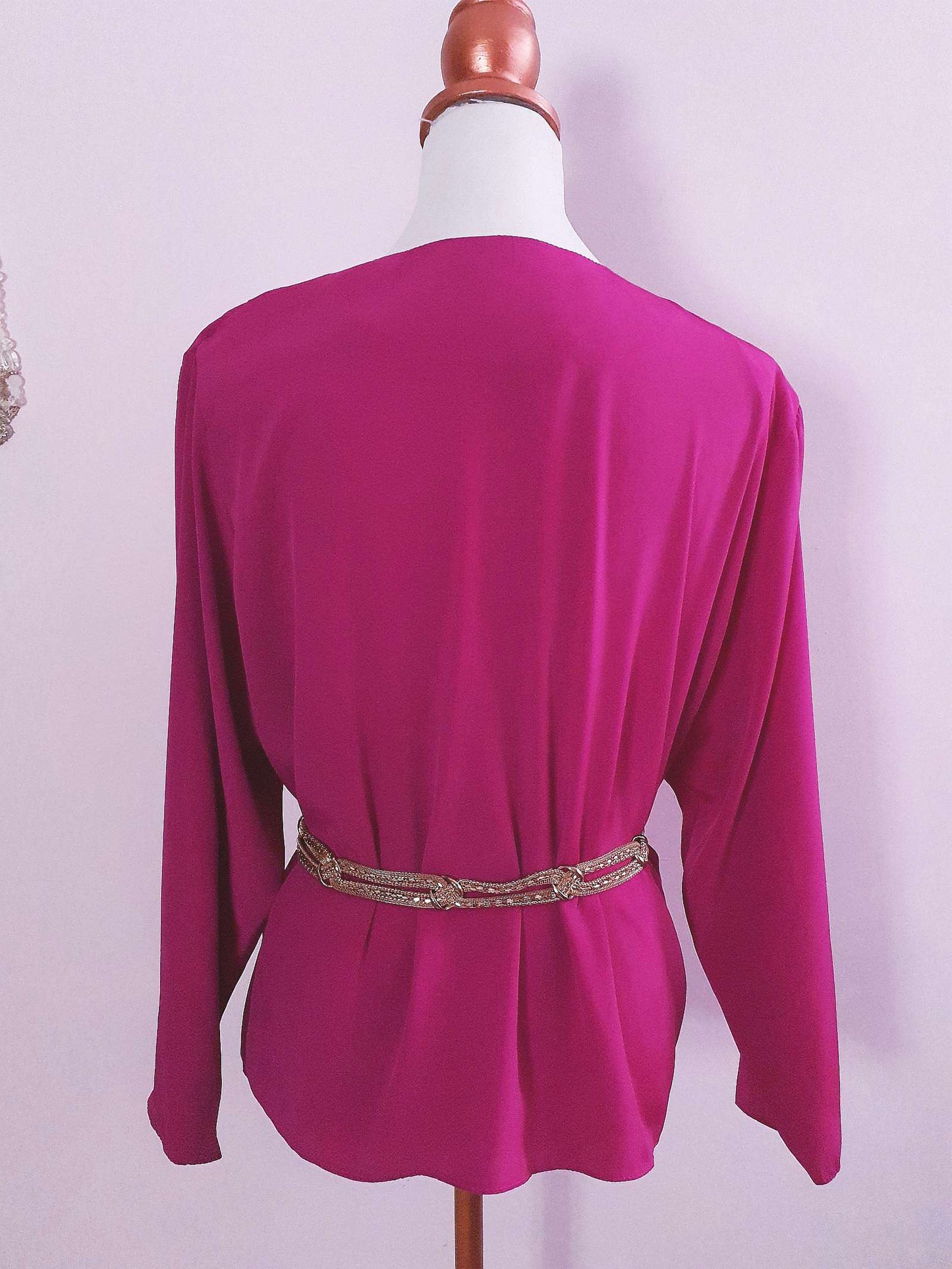 Vintage 1980s Cerise Pink Blouse Shirt Flower Applique Ladies Top Size 16