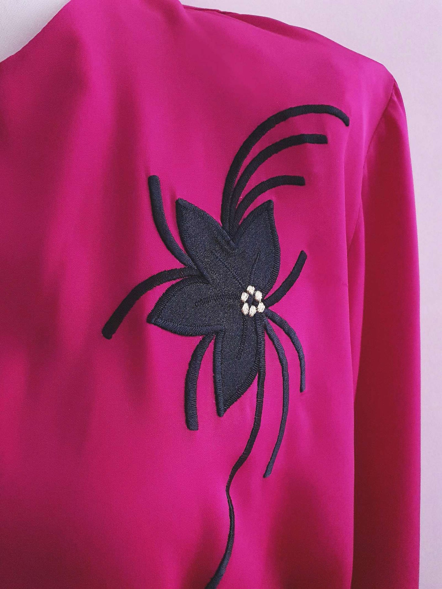 Vintage 1980s Cerise Pink Blouse Shirt Flower Applique Ladies Top Size 16