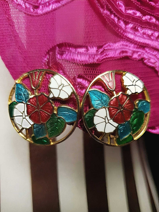 Vintage 1980s Cloisonne Floral Earrings Clip-On Flower Retro
