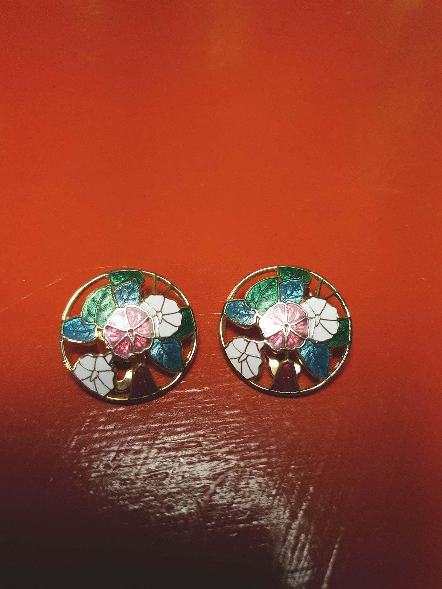 Vintage 1980s Cloisonne Floral Earrings Clip-On Flower Retro