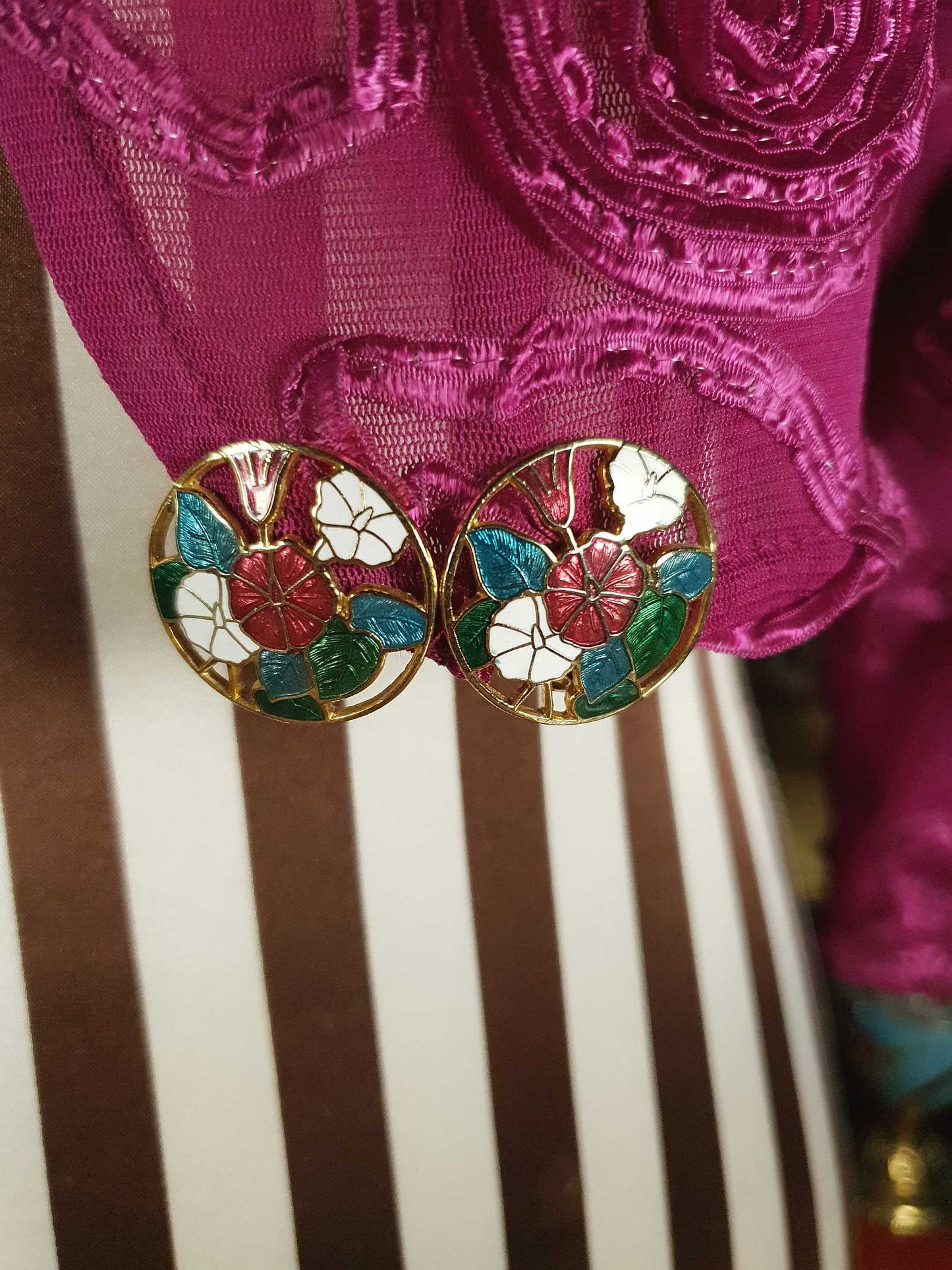 Vintage 1980s Cloisonne Floral Earrings Clip-On Flower Retro