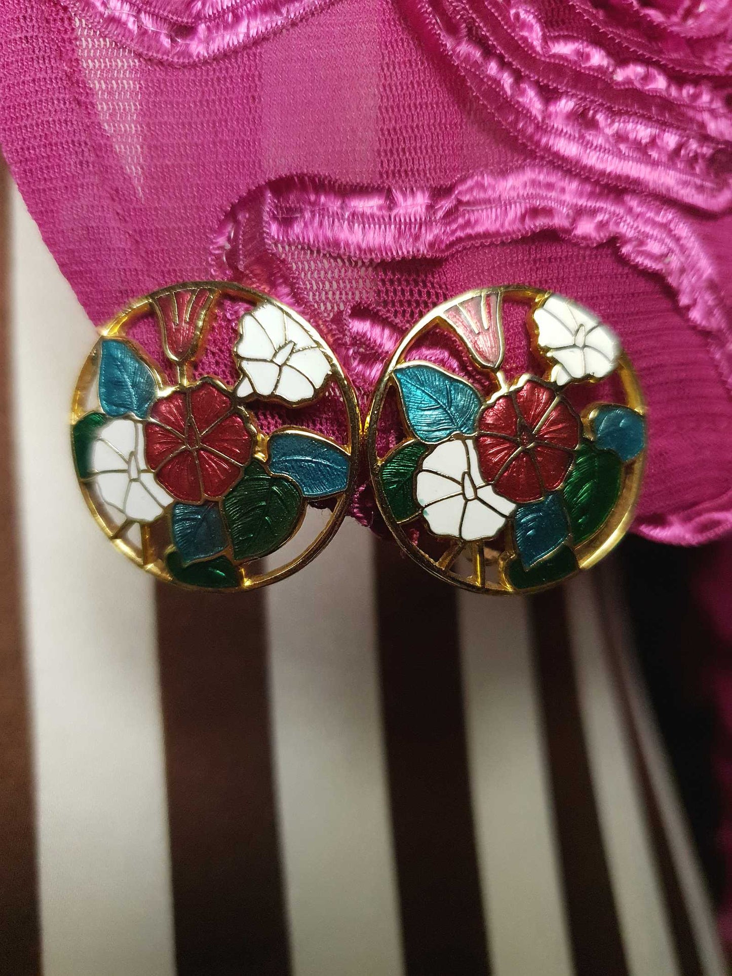 Vintage 1980s Cloisonne Floral Earrings Clip-On Flower Retro