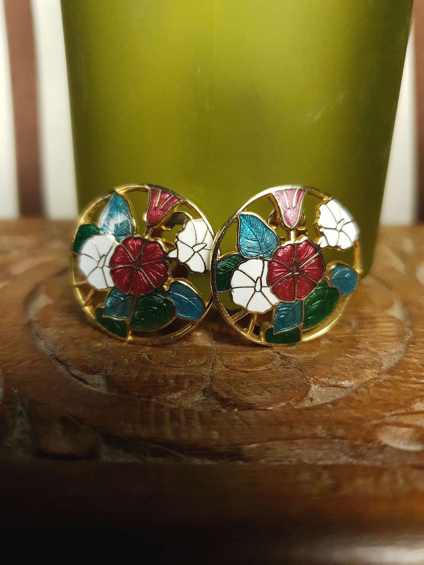 Vintage 1980s Cloisonne Floral Earrings Clip-On Flower Retro