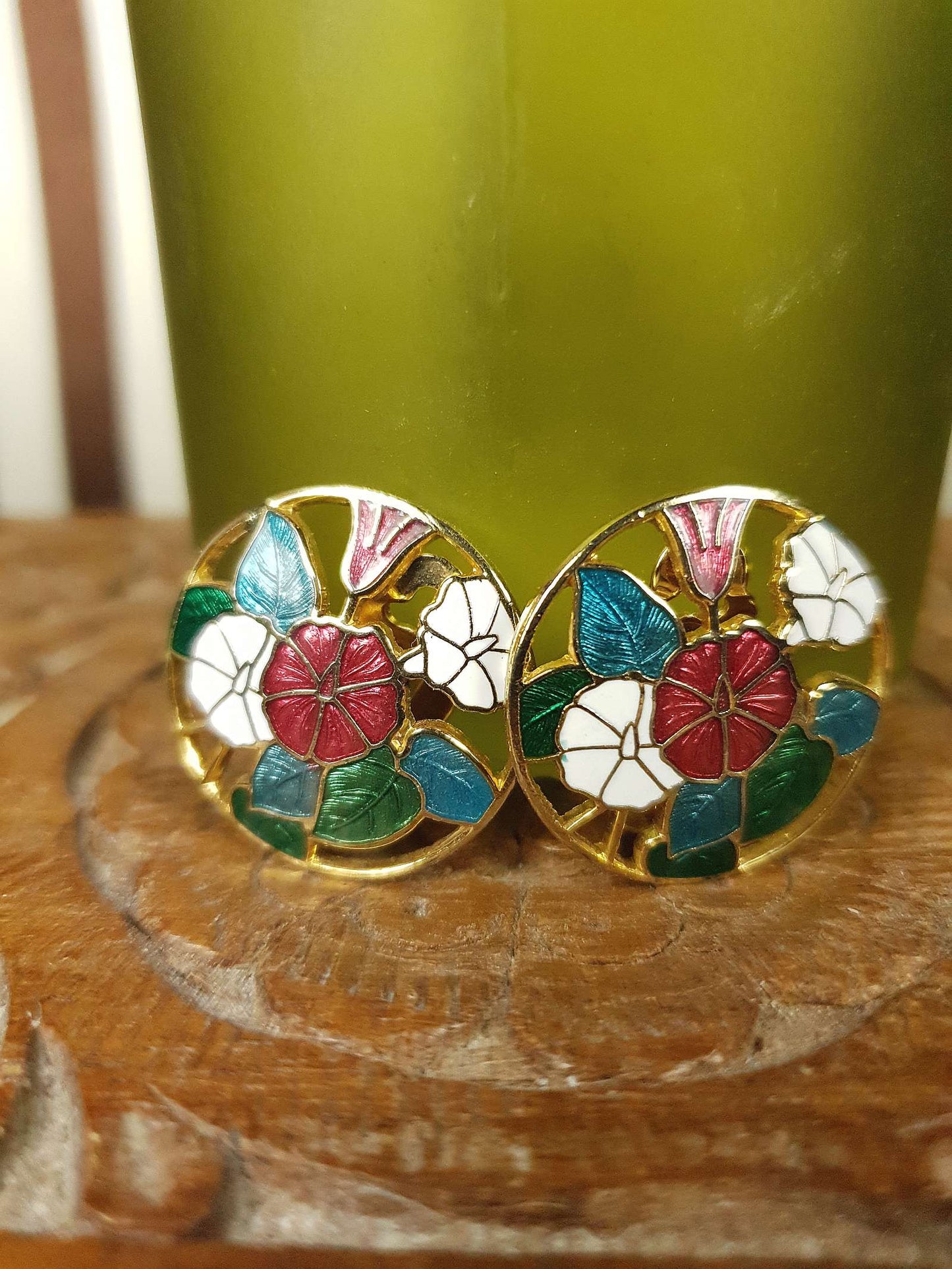 Vintage 1980s Cloisonne Floral Earrings Clip-On Flower Retro