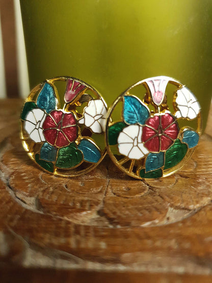 Vintage 1980s Cloisonne Floral Earrings Clip-On Flower Retro