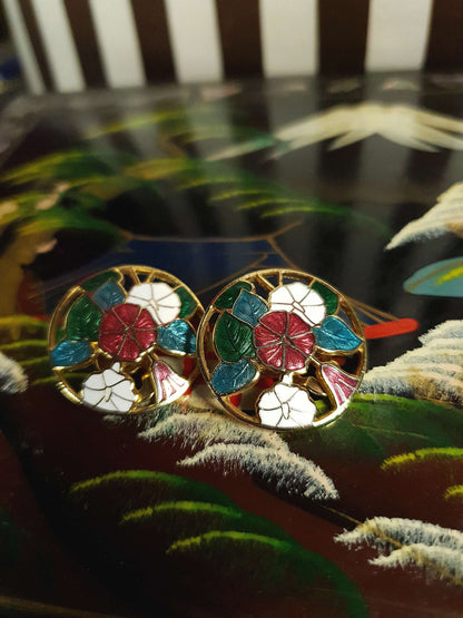 Vintage 1980s Cloisonne Floral Earrings Clip-On Flower Retro