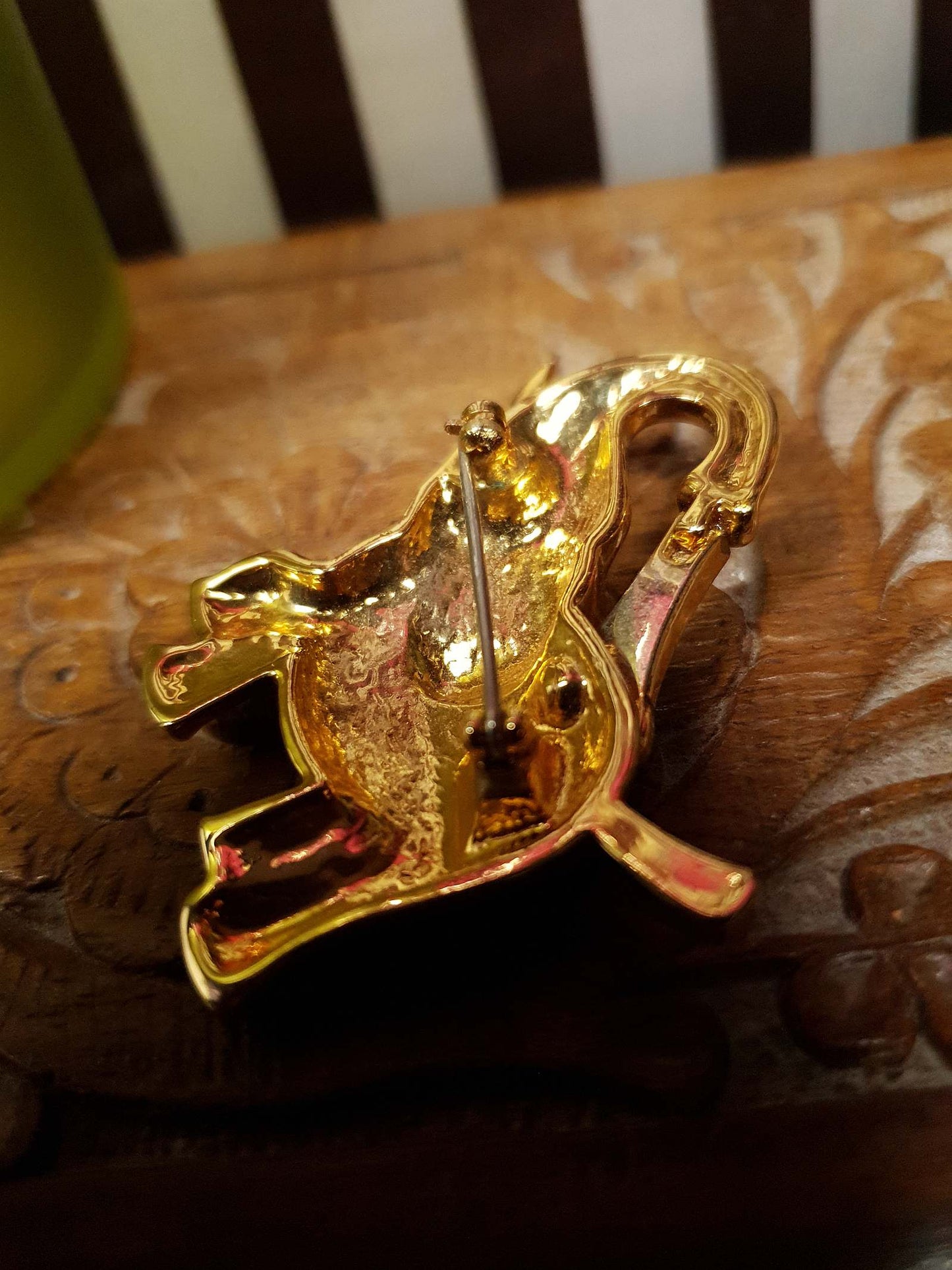 Vintage 1980s Elephant Brooch Cabouchon Gold Plated Austrian Crystal