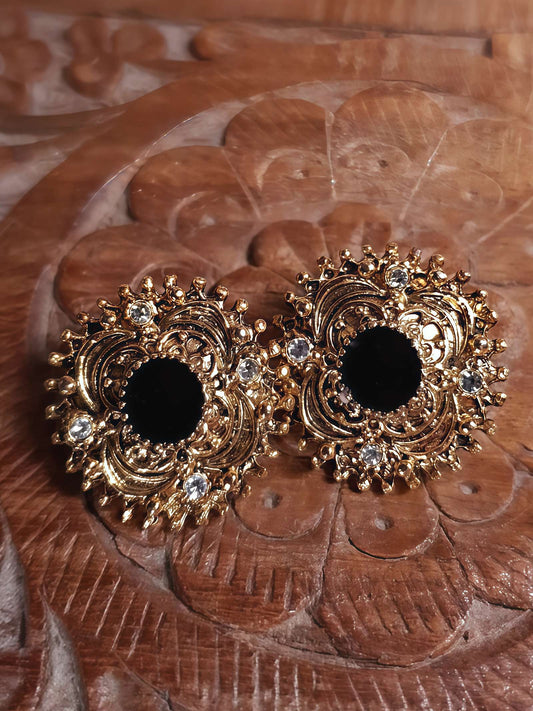 Vintage 1980s Etruscan Revival Earrings Rhinestone Black Enamel Boho Bohemian