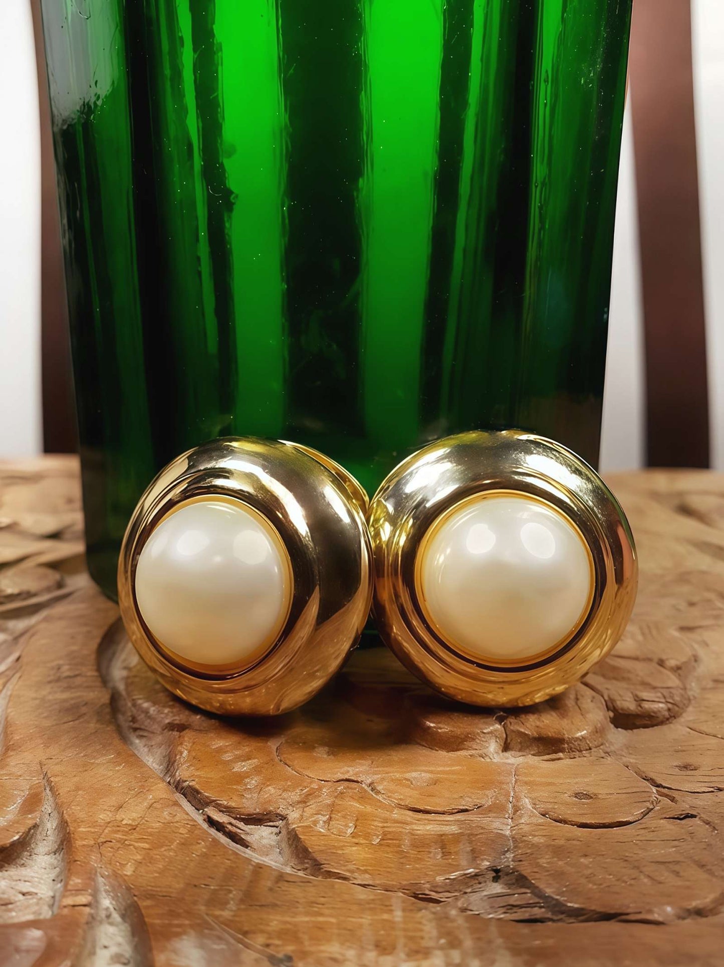 Vintage 1980s Faux Pearl Earrings Round Retro Gold-Tone