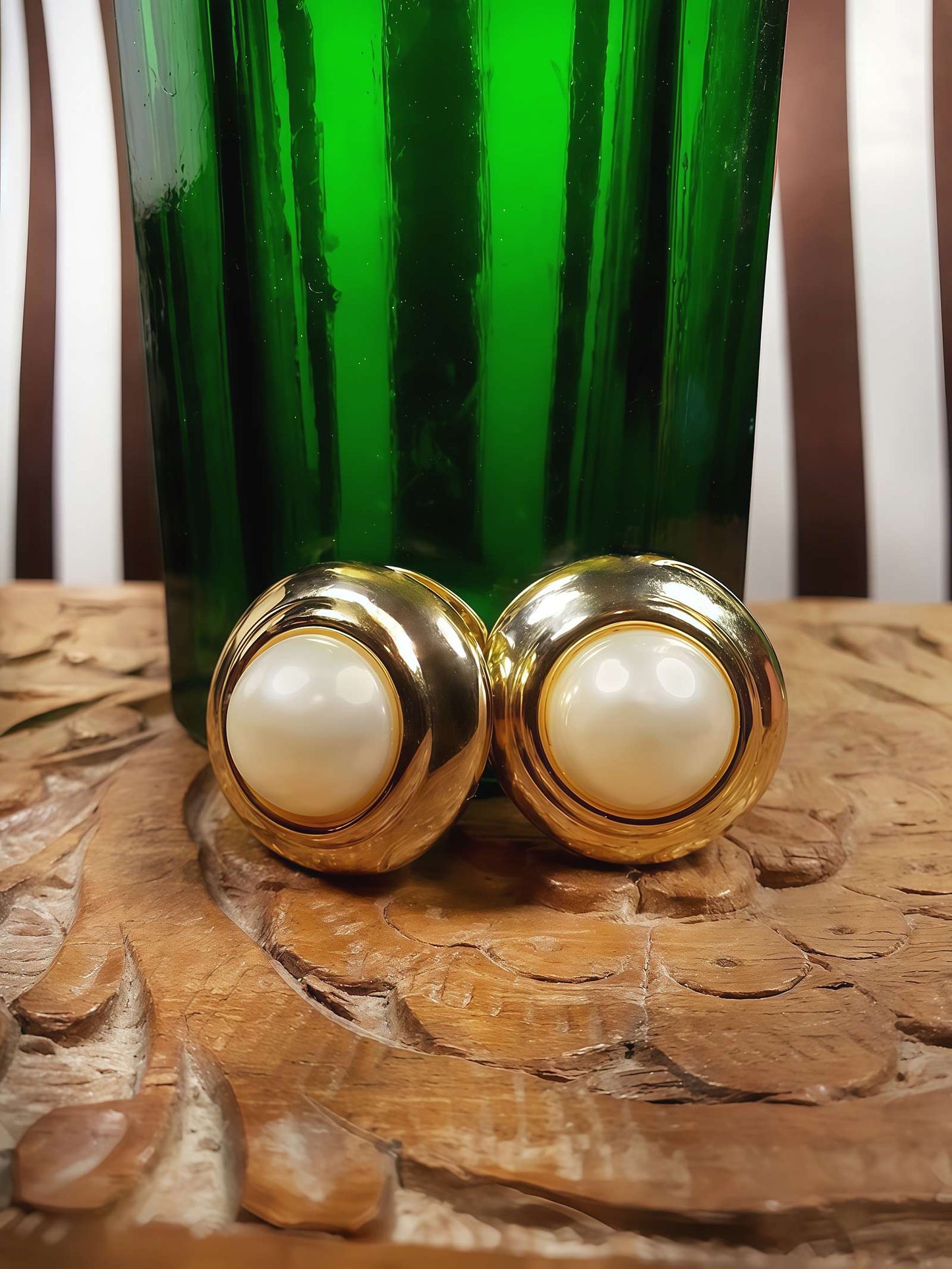 Vintage 1980s Faux Pearl Earrings Round Retro Gold-Tone