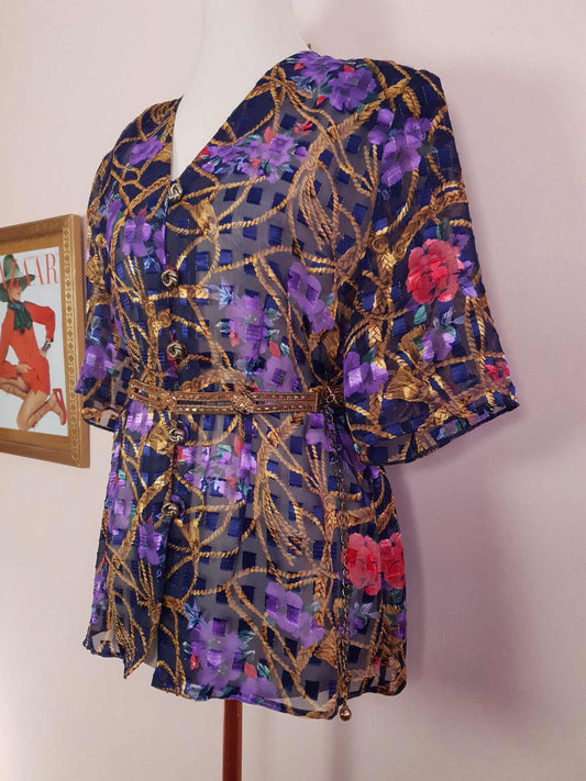 Vintage 1980s Floral Chiffon Blouse Top Navy Blue Flower Rope Print - Size 16