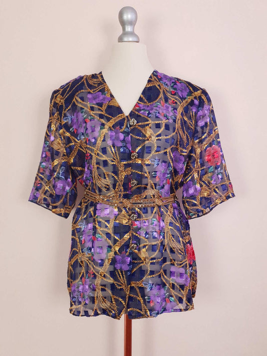 Vintage 1980s Floral Chiffon Blouse Top Navy Blue Flower Rope Print - Size 16