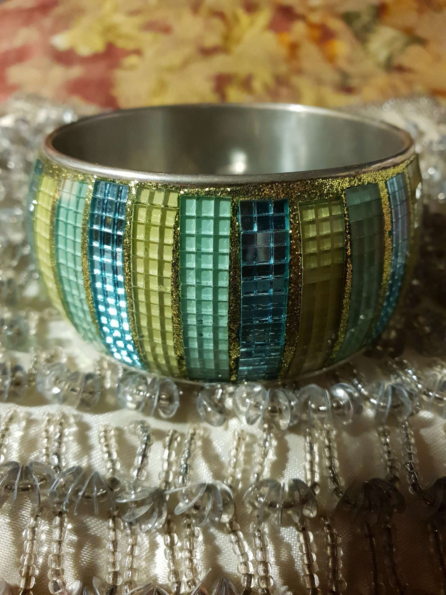 Vintage 1980s Glass Mosaic Bangle Blue Yellow Bracelet