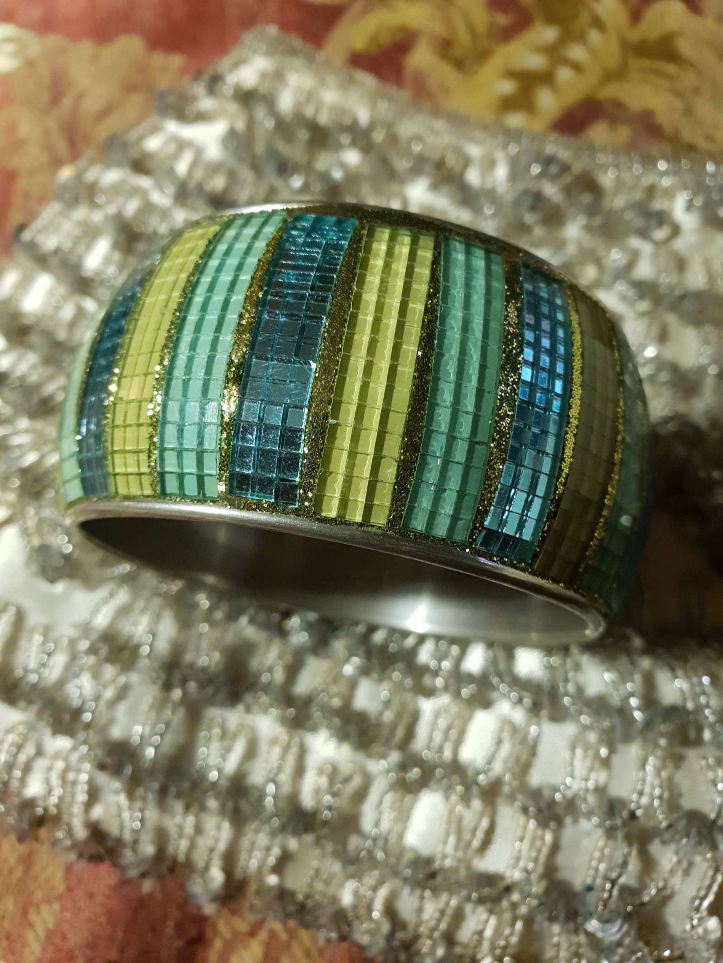 Vintage 1980s Glass Mosaic Bangle Blue Yellow Bracelet