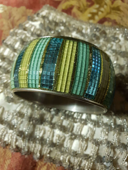 Vintage 1980s Glass Mosaic Bangle Blue Yellow Bracelet