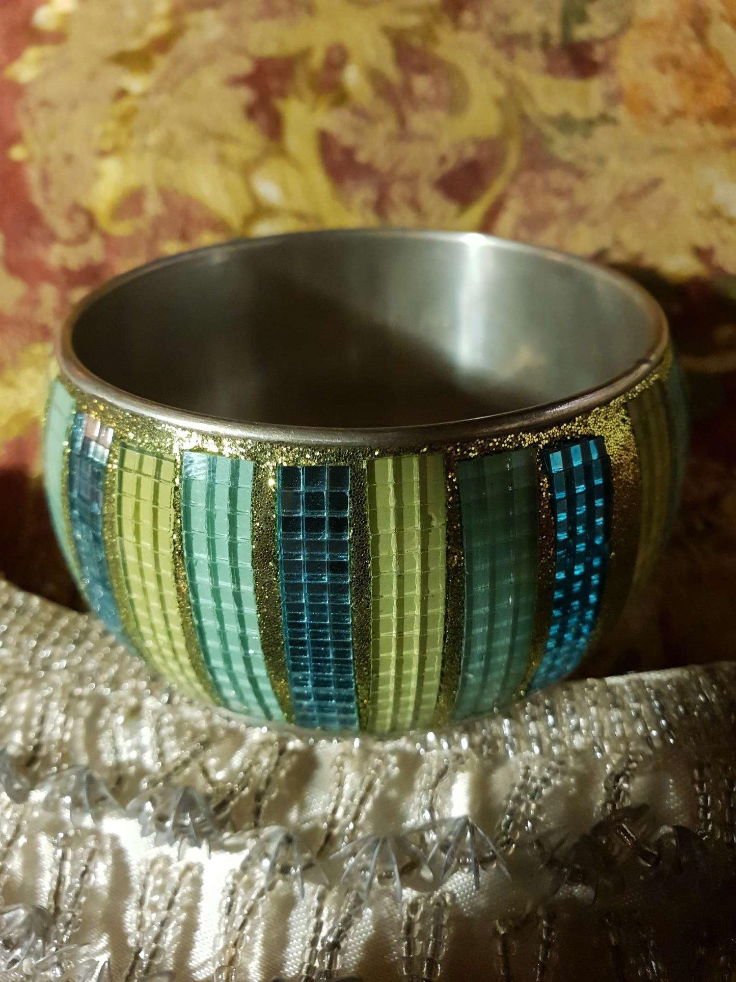 Vintage 1980s Glass Mosaic Bangle Blue Yellow Bracelet