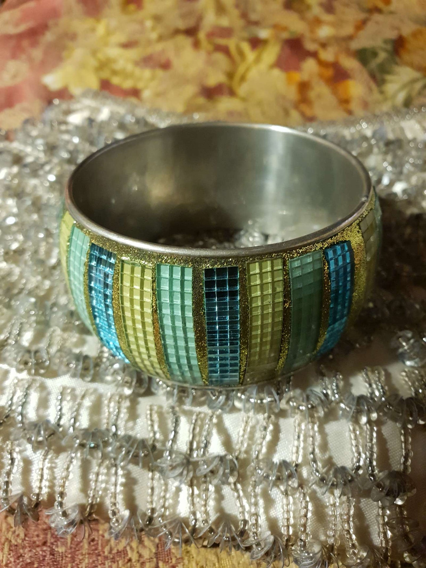 Vintage 1980s Glass Mosaic Bangle Blue Yellow Bracelet