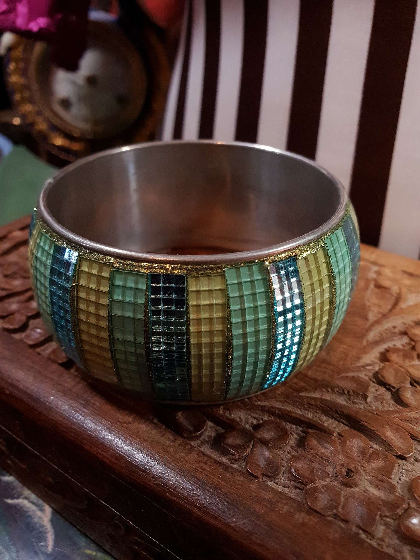 Vintage 1980s Glass Mosaic Bangle Blue Yellow Bracelet