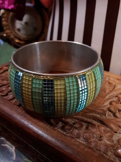 Vintage 1980s Glass Mosaic Bangle Blue Yellow Bracelet