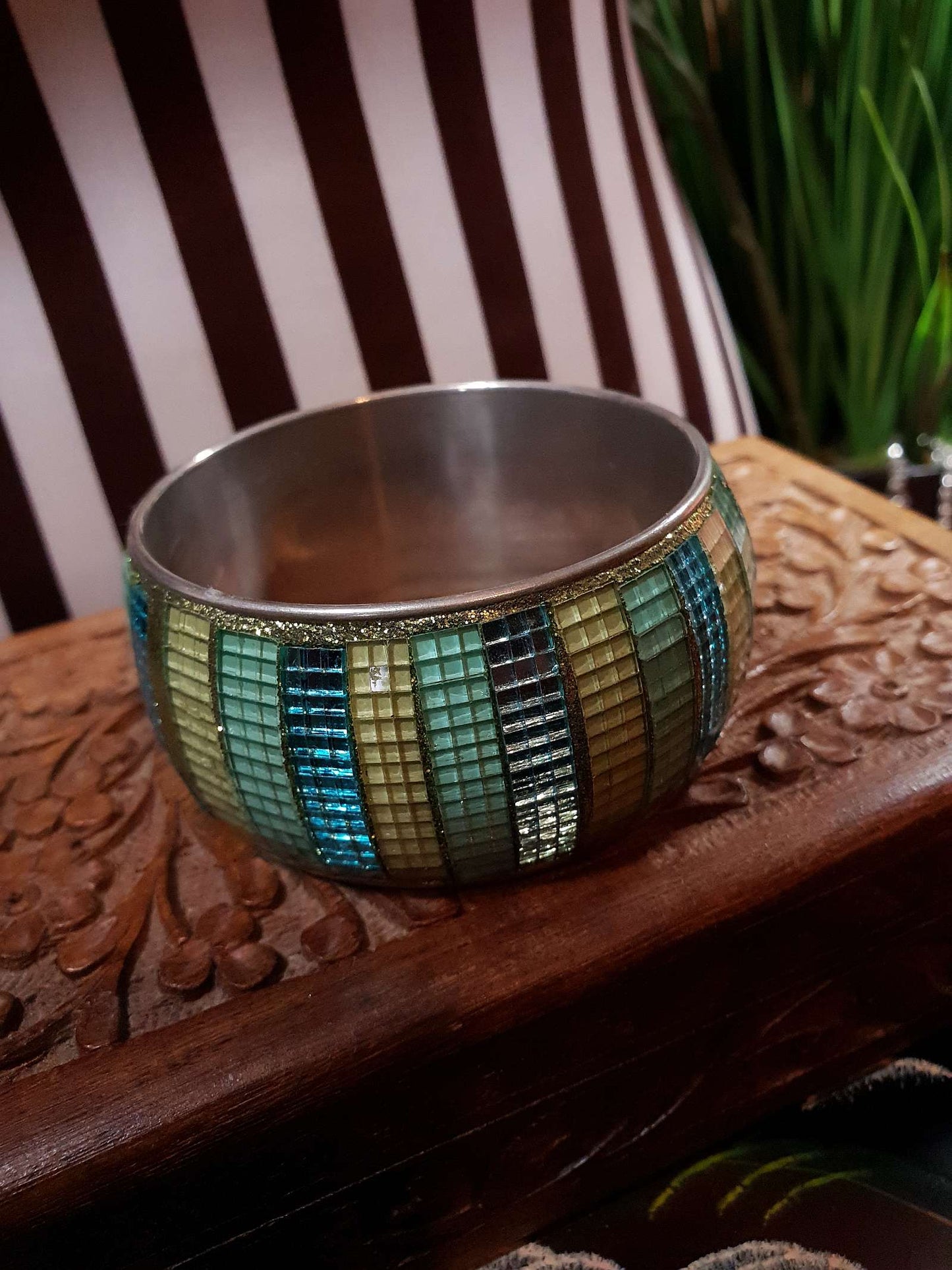 Vintage 1980s Glass Mosaic Bangle Blue Yellow Bracelet