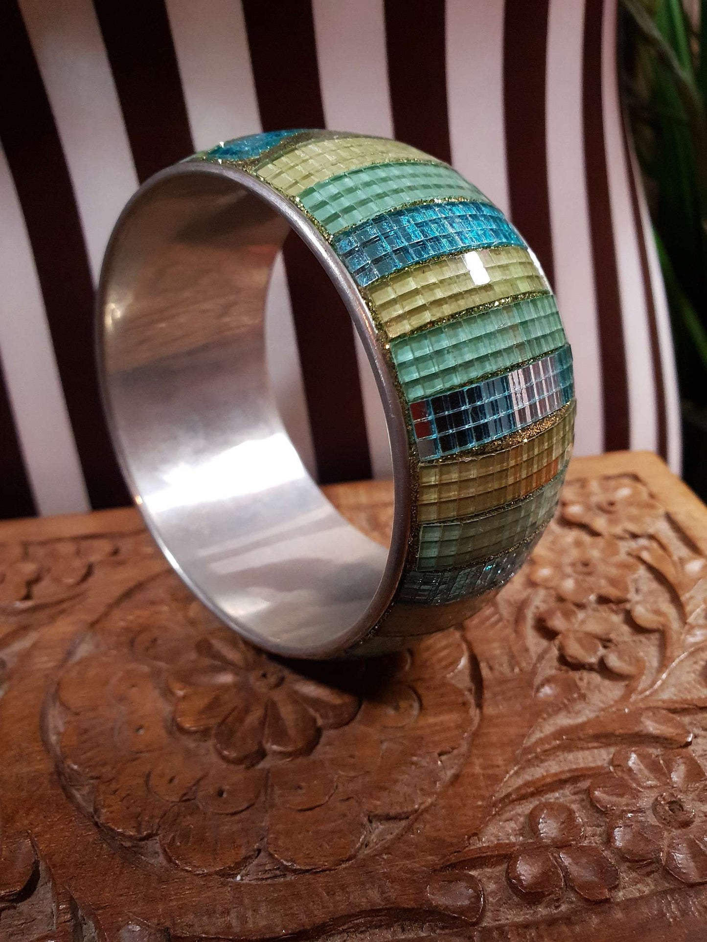Vintage 1980s Glass Mosaic Bangle Blue Yellow Bracelet