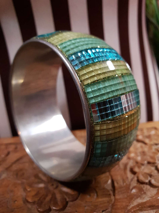 Vintage 1980s Glass Mosaic Bangle Blue Yellow Bracelet