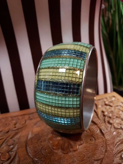 Vintage 1980s Glass Mosaic Bangle Blue Yellow Bracelet