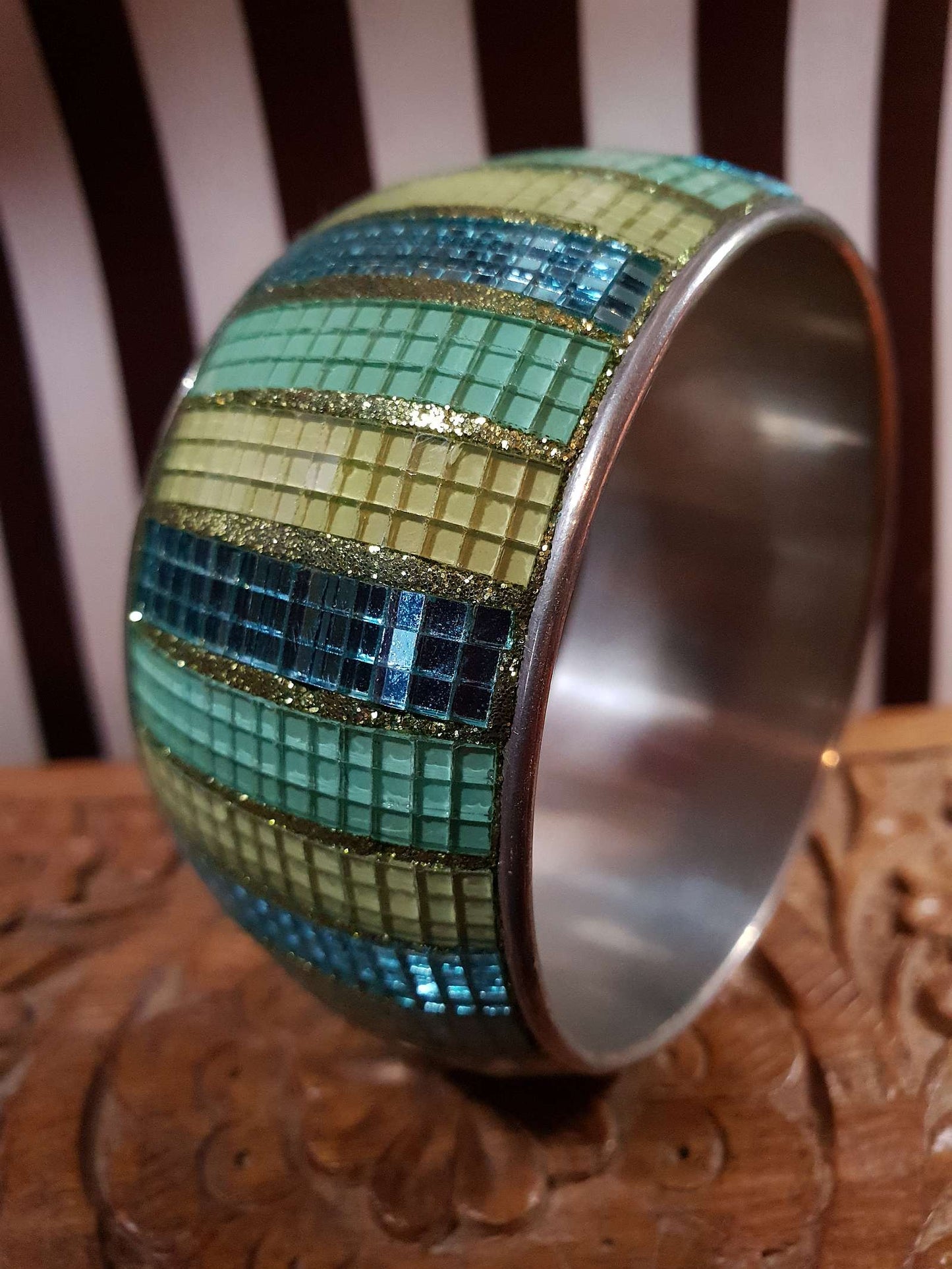 Vintage 1980s Glass Mosaic Bangle Blue Yellow Bracelet