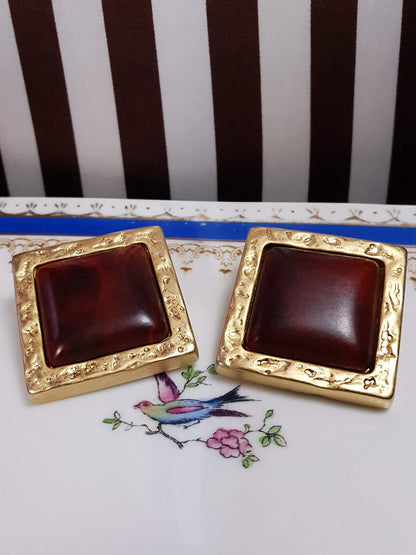 Vintage 1980s Gold Square Earrings Statement Clip On Resin Marbled Brown